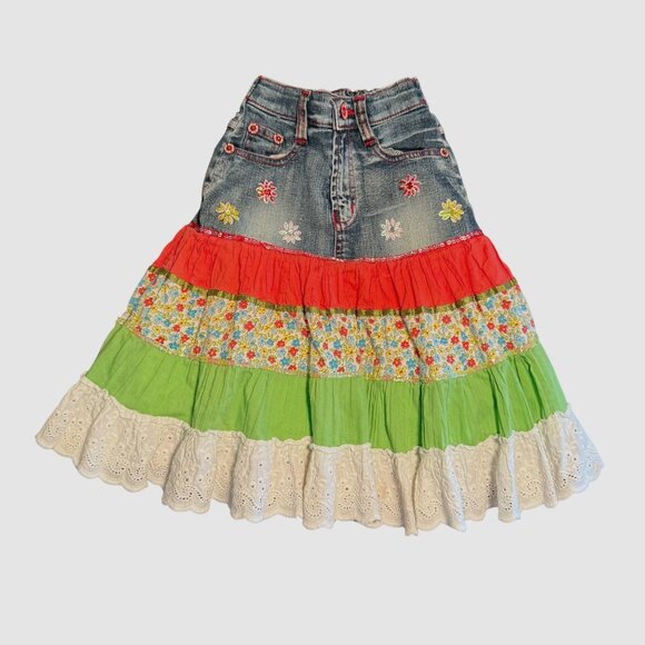 Girls Layered Denim Floral Skirt With Eyelet Lace & Elastic Waist Boho - Picture 1 of 8